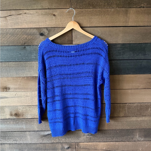 Vintage Blue Knit Sweater Open Knit Lightweight Boat Neck Pullover - Picture 8 of 8